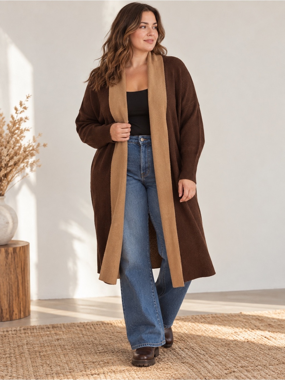 Penningtons Womens 2X Brown Colorblock Long Cardigan Sweater Duster Cozy Office
